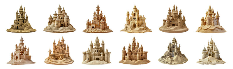 Set of Sand castles collection showing various designs and architecture isolated transparent PNG background