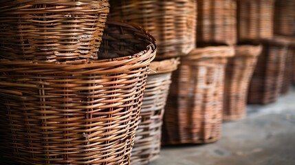 Exquisite handwoven wicker baskets, meticulously arranged.