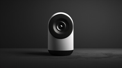 A minimalist white speaker on a deep charcoal solid background