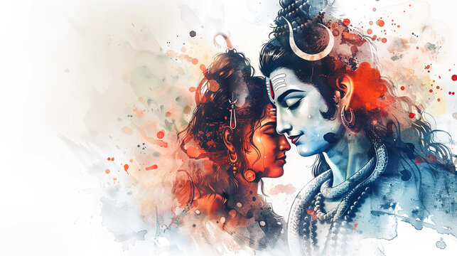 Beautiful digital painting of lord Shiva and Parvati in a divine embrace on a white background perfect for art lovers
