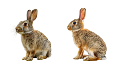 Set of Two detailed rabbits, side and front view isolated transparent PNG background