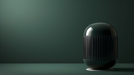 A modern speaker with sleek lines on a deep forest green solid background