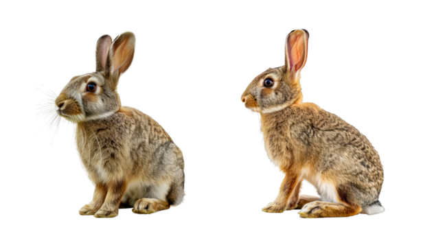 Set of Two detailed rabbits, side and front view isolated transparent PNG background - Powered by Adobe