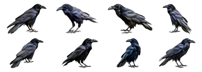 Set of Black ravens in various poses isolated transparent PNG background