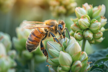 Artistic scene showing a close-up of a bee pollinating a hop flower before it develops into a cone,