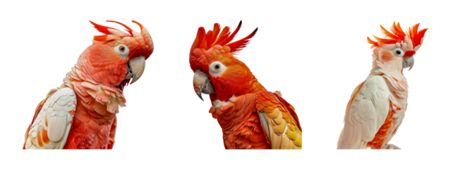 Set of Red crested cockatoo in various poses isolated transparent PNG background