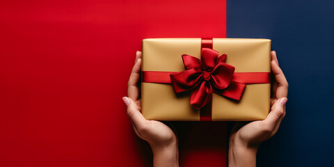 Hand h&auml;lt goldene Geschenke Box mit roter Schleife