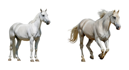 Set of White horses standing and running isolated transparent PNG background