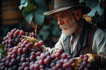 Illustration of a vintner inspecting a cluster of ripe grapes, focusing on the variety's unique color and shape.