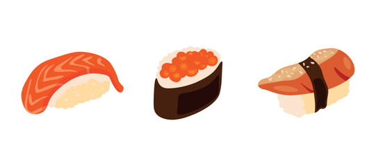 Collection of Japanese sushi on isolated background.