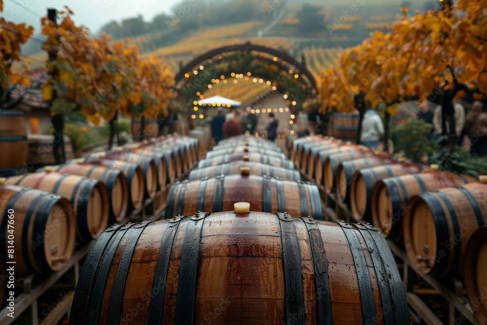 Poster conceptual image of a wine tasting event in a vineyard, with guests sampling wines directly from the