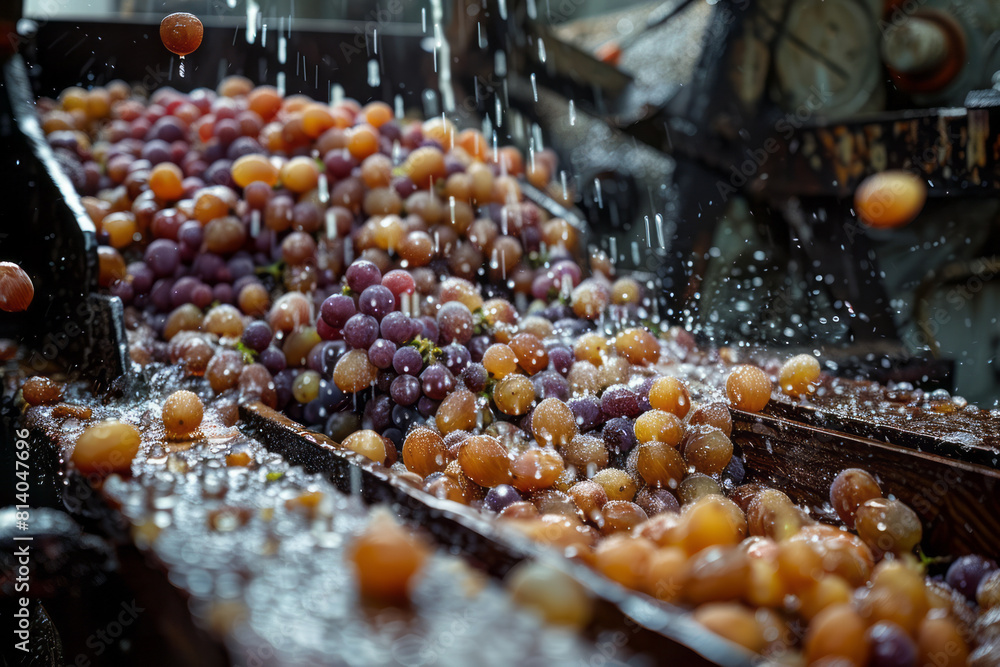 Aufkleber conceptual artwork of a grape crusher at work, highlighting the first step in the winemaking process