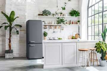 Scandinavian kitchen interior with modern grey refrigerator