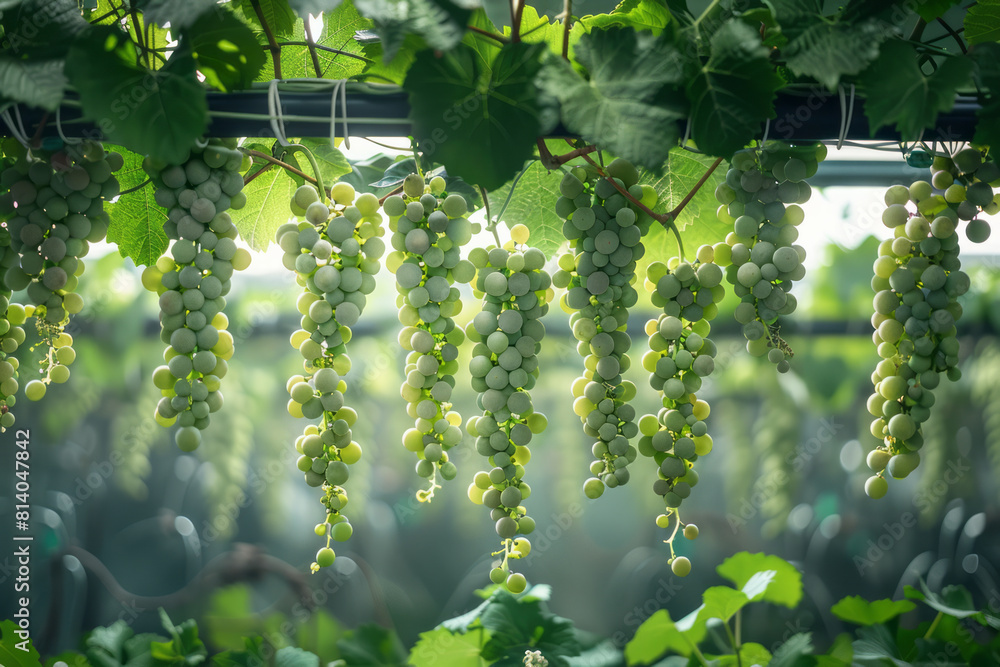 Poster illustration of a grapevine trellis system, showing various training methods used to optimize sun ex
