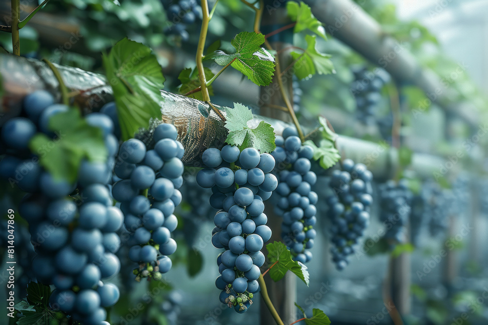 Poster illustration of a grapevine trellis system, showing various training methods used to optimize sun ex
