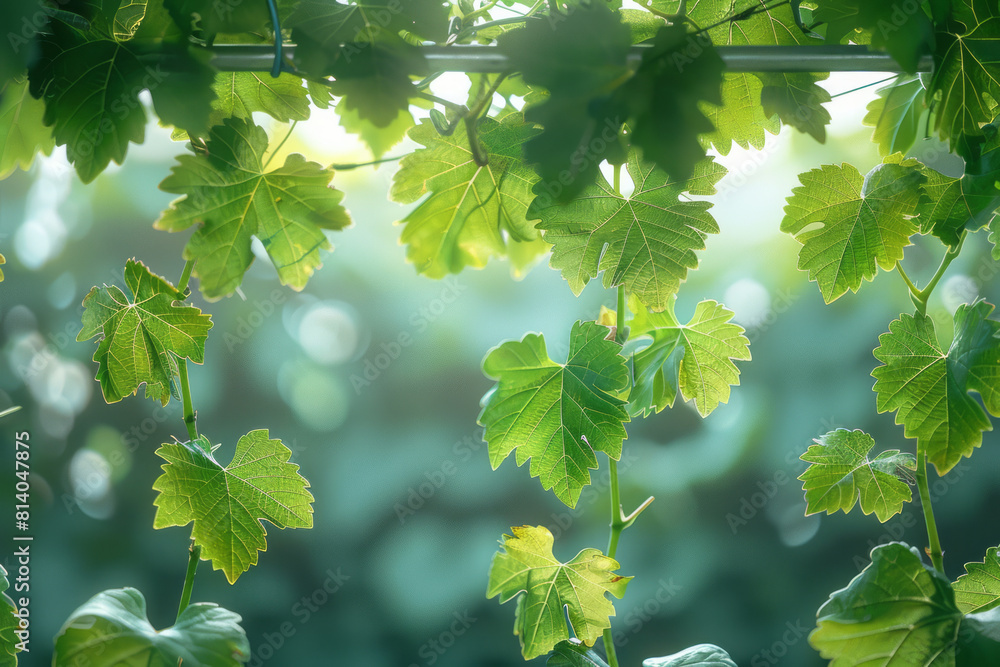 Poster illustration of a grapevine trellis system, showing various training methods used to optimize sun ex