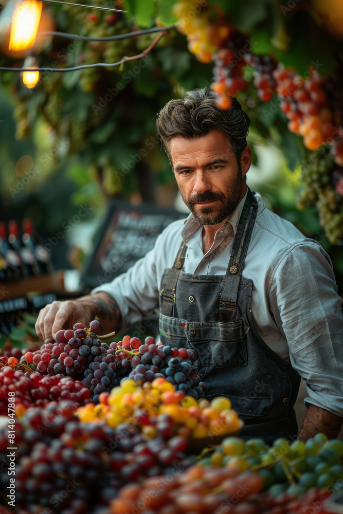 Poster artistic scene showing a sommelier in a vineyard, pairing different wines with freshly picked grapes
