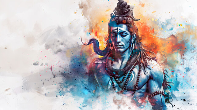 Beautiful digital painting of lord Shiva with divine serpent on white background for sale