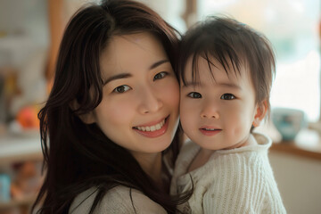 enchanting moment Asian mother and her beloved child sharing laughter and joy, evoking feelings of warmth and connection, ideal for family-centric advertisements, family values,psychological materials