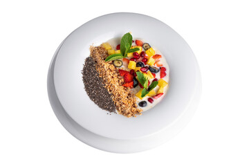 Healthy Breakfast, Fresh Fruits and Berries, Chia Seeds, Granola Smoothie Bowl on White Background