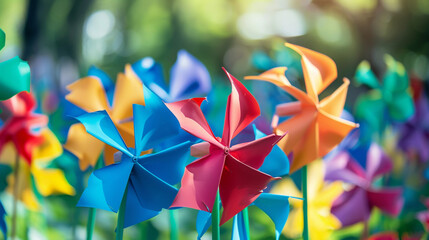 A group of colorful pinwheels spinning in the wind, their bright colors creating a dazzling display.