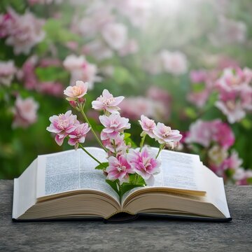 Open Bilbe with a pink flower, Generated Ai