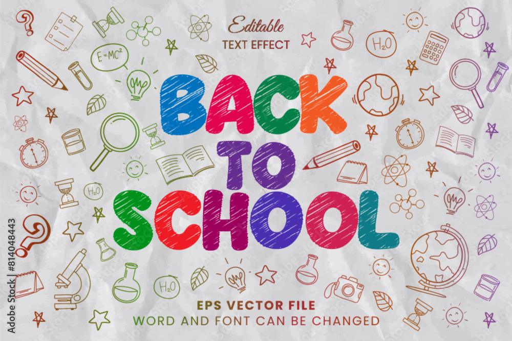 Poster back to school scribble pencil sketch editable vector text effect. school doodle sketch text style