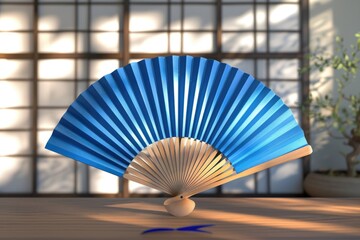A blue fan sitting on top of a wooden table. Perfect for home appliance or cooling product concepts