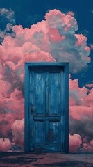 Surreal blue door against a vibrant pink cloud background
