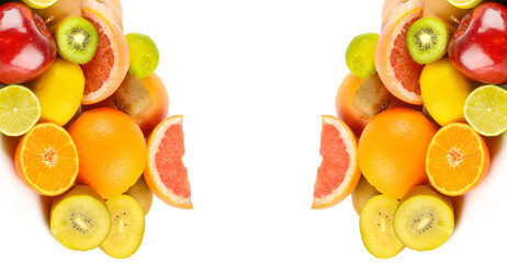 Set of fruits isolated on a white . Free space for text. Wide photo. Collage.