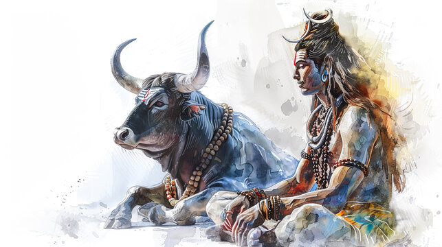 Beautiful digital painting of lord Shiva with Nandi the bull, perfect for home decor and gifts