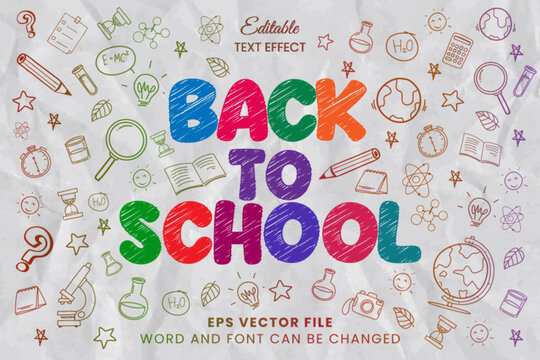 Back to school scribble pencil sketch editable vector text effect. School doodle sketch text style
