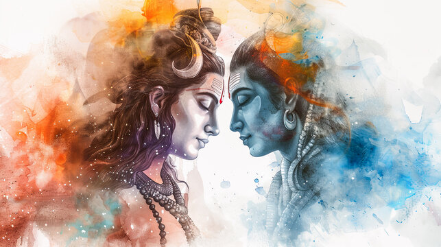 Beautiful digital painting of lord Shiva and Parvati in divine union on a white background perfect for home decor and gifts