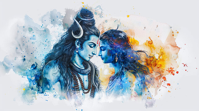 Beautiful digital painting of lord Shiva and Parvati in divine union on a white background perfect for home decor and gifts