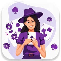 Illustration of a girl in a purple hat and dress holding playing cards, on a background of card symbols and gears.
