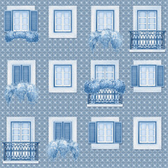 A facade with balconies and windows in seamless pattern with wooden shutters open and closed,with potted flowers on old city street in blue and white monochrome colors.For background, wrapping paper.