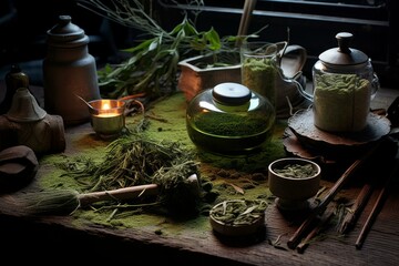 Aromatic Tea ceremony glasses herbs. Cafe leaf. Generate Ai