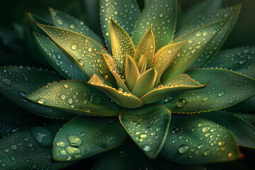 Illustration of an agave plant with drops of morning dew on its thick leaves, highlighting its adaptation to arid climates,