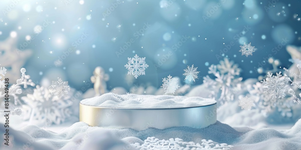 Sticker Snow-covered landscape with silver pedestal in foreground