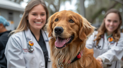 veterinarian with happy golden retriever dog 
