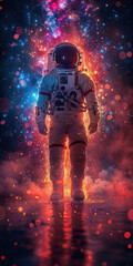 Astronaut standing amidst cosmic particles