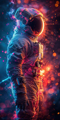 Cosmonaut in particles with glowing spacesuit