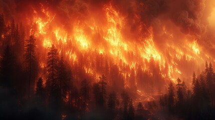 Intense wildfire consuming a forest at dusk