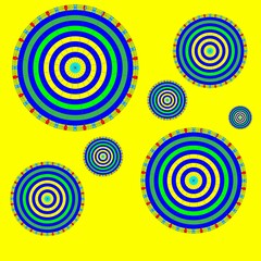 colorful mandalas of different sizes on a yellow background