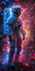 Astronaut with lit helmet in space ambiance