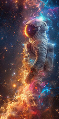 Astronaut floating with cosmic energy trails