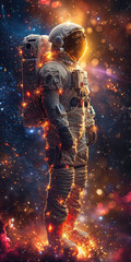 A space traveler with a blurred face carrying a backpack stands against a backdrop of cosmic dust and lights