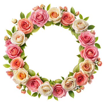 A wreath made of pink and cream roses arranged in a circle
