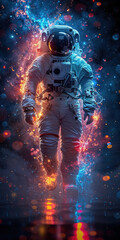 A space traveler with a blurred face carrying a backpack stands against a backdrop of cosmic dust and lights