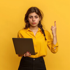 Mujer despeinada con computadora en la mano con fondo amarillo